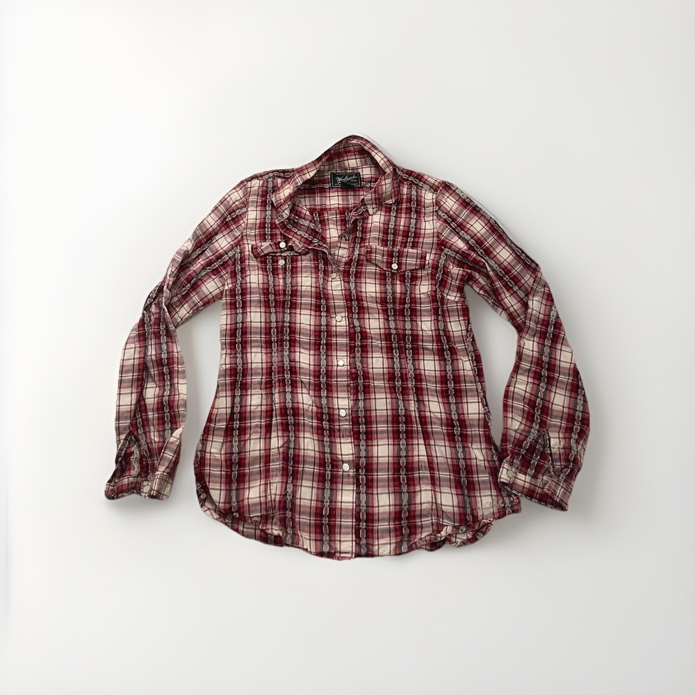 Women's M Top WOOLRICH Long Sleeve Button Up Dress Shirt Red Plaid Medium